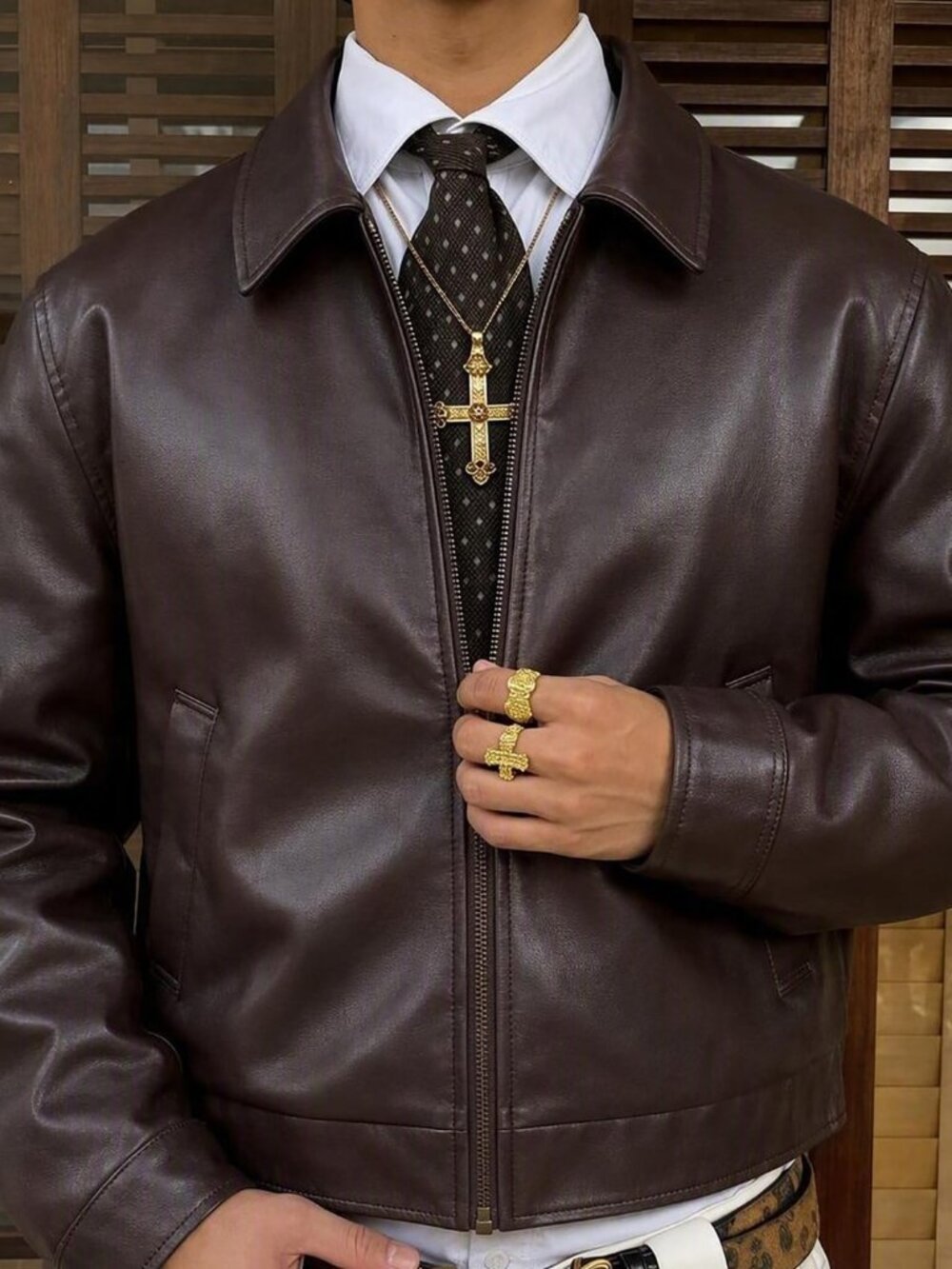 Coffee Brown Minimalist Men's Faux Leather Zipper Collar Jacket